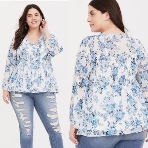 Torrid 1x BLUE FLORAL SMOCKED CHIFFON BABYDOLL BLOUSE